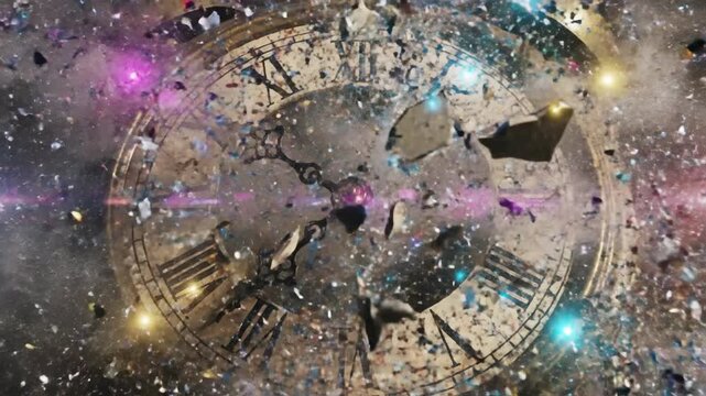 Time explosion, clock shattering into pieces, time travel concept.