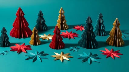 A vibrant collection of colorful paper Christmas trees and geometric star decorations in red, gold, and blue, set against a striking teal background, perfect for modern holiday themes
