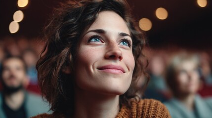 Woman enjoying a movie in a theater, looking up with a smile