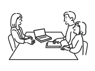 ライフプランについて相談する30代夫婦のイラスト　線画のみ