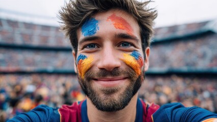 Enthusiastic fan with face paint smiles at a sporting event, close-up shot