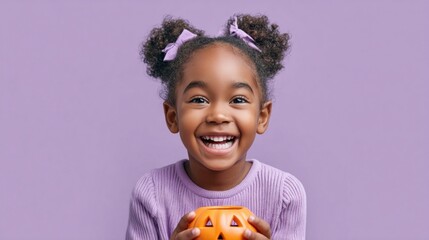 Happy young girl with a jack-o'-lantern smiling on a purple background