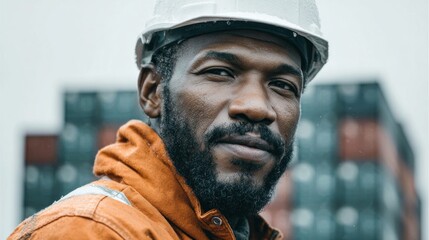 Portrait of a construction worker in a hard hat looking at the camera
