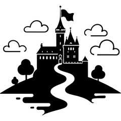 Fairytale royal castle. Engraving minimalistic vector in black ink drawing on transparent background