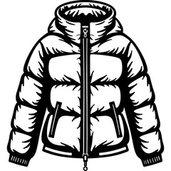 Warm winter men jacket. Engraving minimalistic vector in black ink drawing on transparent background
