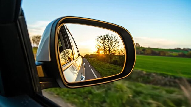 Car side mirror reflection captures a sunset on a scenic road with trees and green fields