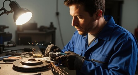 Mechanic grinding metal brake disc in a workshop. Industrial worker using angle grinder with sparks flying