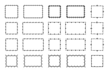 Black square and rectangular border frames with leaf ornaments and empty place, isolated on a white background. Large collection of different edging, outline plant framing. Vector big set for stamp
