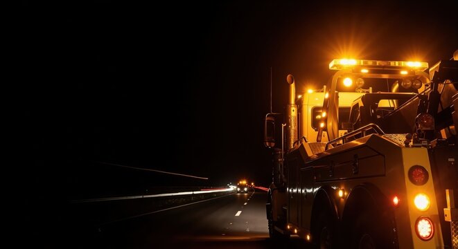 Tow truck with flashing amber emergency lights on a highway at night. Roadside assistance service vehicle on the side of the road with copy space