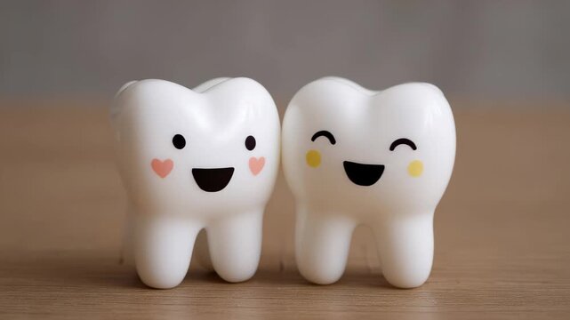 Two toy teeth figurines with different facial expressions placed on a wooden surface