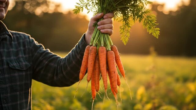 Farmer holding fresh carrots at sunset