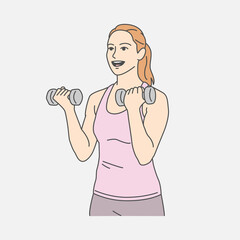 Cartoon illustration of a fit woman in a pink tank top performs a dumbbell curl, showcasing strength training and fitness. Ideal for health, exercise, wellness, gym lifestyle