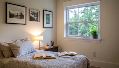 Cozy Bedroom Interior with Books on Bed and Window View of Green Trees
