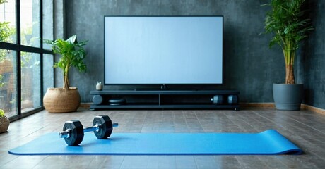 Indoor gym space features workout mat, dumbbells, large screen TV. Plants add natural element to rooms design.