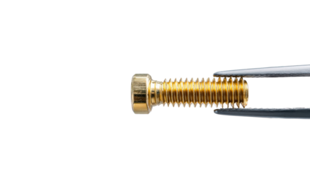  Precision in Hand: An up-close view reveals a meticulously crafted screw held delicately by precise tweezers, showcasing its intricate details and polished finish.