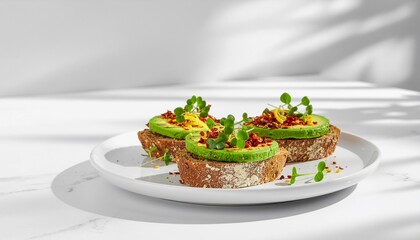 Three Avocado Toasts with Microgreens and Chili Flakes on White Plate