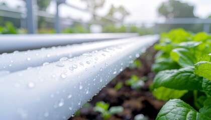Water Droplets Clinging to Hydroponic Pipes Among Fresh Green Plants