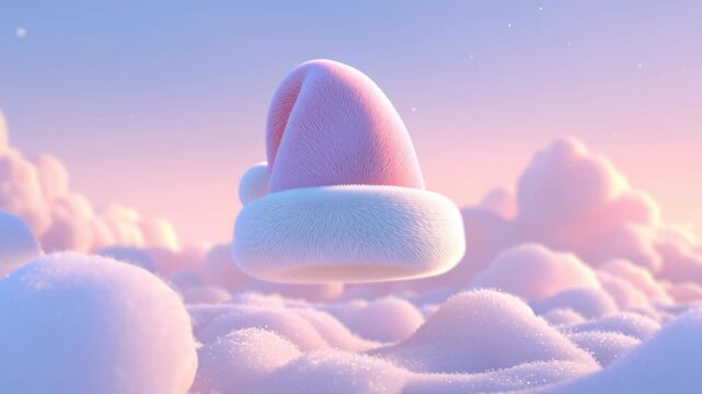 Pastel santa hat floating in soft glowing scene, minimal composition, dreamy festive atmosphere, pastel christmas santa background