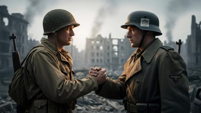 Two men, a soldier and a military officer, shaking hands in a destroyed city street, illustrating a moment of reconciliation, brotherhood, or truce