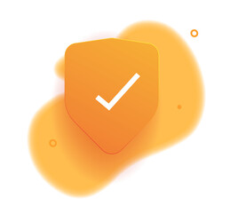 Security protection shield icon modern 3d realistic abstract background illustration graphic design, yellow orange safety verified sign symbol with approval guarantee checkmark, success defense guard
