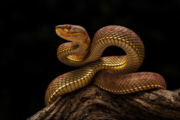 Mangrove pit viper (Trimeresurus purpureomaculatus) showing golden-brown coloration and keeled scales.