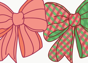 Two decorative bows, one solid coral pink and the other a green and red plaid pattern, shown side-by-side against a clean white background with simple outlines