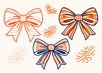 Set of three decorative ribbon bows in orange and blue with subtle swirling accents on a light cream background festive occasions and creative projects Keywords: bow, ribbon, orange, blue, cream