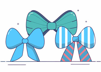 A trio of modern flat ribbon bows in teal blue and striped blue and pink variations with subtle plus sign accents on a clean white background for projects Keywords: bow, ribbon, teal, blue, light