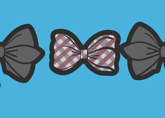 A horizontal arrangement of three bow ties on a bright blue background with the central bow tie featuring a red white and grey checkered pattern and the two outer bow ties in solid dark grey