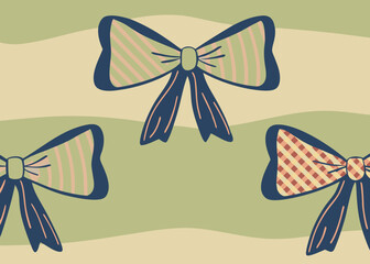 Seamless Pattern of Three Stylized Bows with Striped and Plaid on a Softly Wavy Beige and Green Background Featuring Navy Blue Outlines and Pink Accents