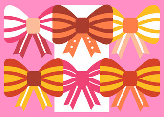 Six Colorful Bows Arranged in Two Rows Against a Bright Pink Background with White Rectangular Inserts