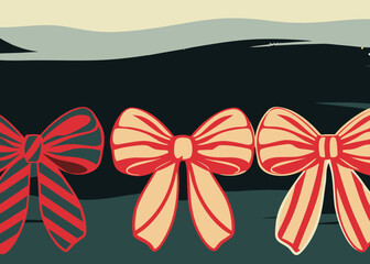 Three Decorative Bows with Striped and Solid Patterns in Red and Cream Against a Dark Textured Background