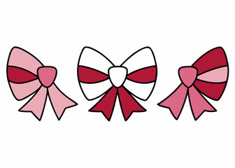 Three Pink and Red Bows with Outline on White Background