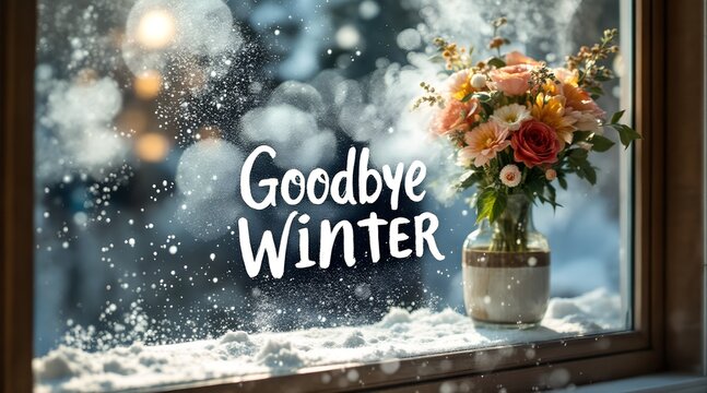 Fresh vibrant bouquet of flowers on a snowy windowsill with "Goodbye Winter" text for seasonal transition concept and cozy home atmosphere