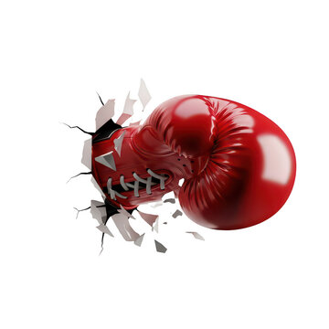 Red boxing glove punching through a wall with debris isolated on transparent background