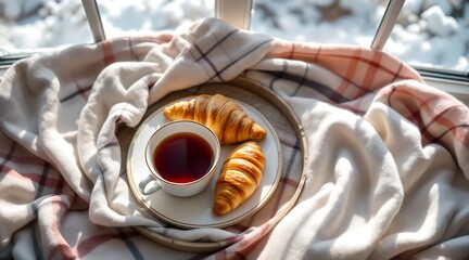 Cozy breakfast tray with golden croissants and hot tea served by a window overlooking snowy winter landscape for a warm hygge morning concept