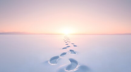 Fototapeta premium Footprints in pristine snow leading towards a radiant sunrise on a vast plain for new beginnings concept and serene journey