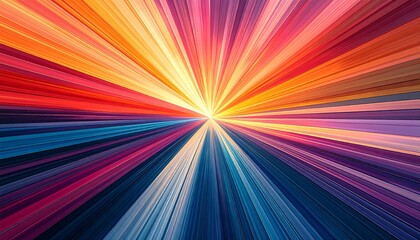 A vibrant abstract composition where rays of multicolored light emanate outwards from a central point, creating an explosive visual effect