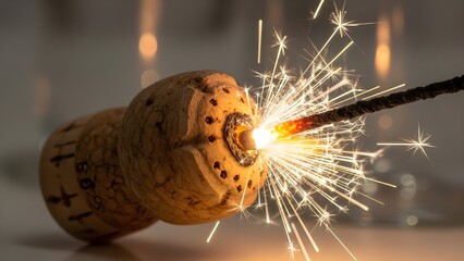Sparkler ignites a champagne cork