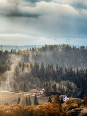 Sunny Autumn Carpathians with Puffy White Clouds