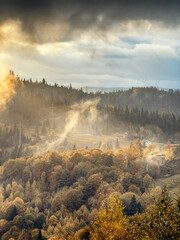 Sunny Autumn Carpathians with Puffy White Clouds
