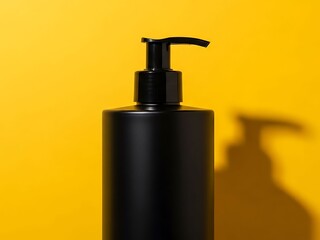 Obraz premium Black Plastic Pump Bottle on Bright Yellow Background
