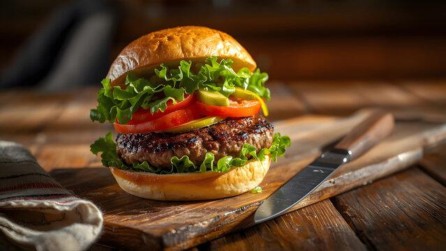 Juicy beef cheeseburger with fresh lettuce and tomato on a toasted bun served on a wooden table for restaurant menu or food photography