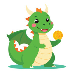 Fototapeta premium A cute cartoon green dragon with horns and wings, smiling and holding a golden dollar coin.