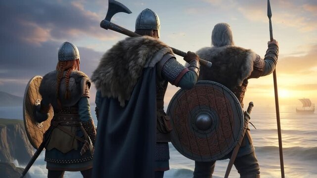 Three viking warriors, including a woman, stand on a cliff overlooking the sea where longships await, symbolizing historical warfare and exploration.