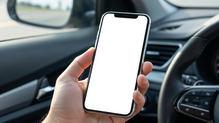 Hand holding a blank smartphone screen inside a car, perfect for apps, navigation, or digital content. Modern mobile technology for travel and connectivity