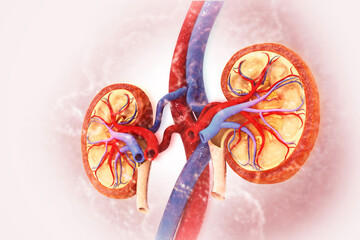 Human kidney medical diagram with a cross section, inner organ with arteries and adrenal gland, 3d illustration