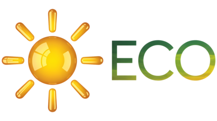 Bright yellow sun symbol with radiating rays next to the word eco in green gradient letters isolated on transparent background