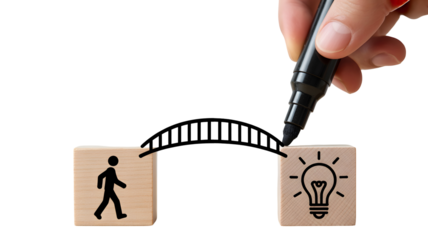 Hand drawing a bright light bulb idea symbol on a wooden block next to a walking person symbol isolated on transparent background