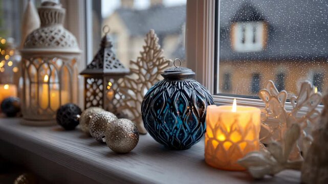 Macro view of small window sill decorated with ornaments and candles, bright minimalist Christmas atmosphere, small space christmas decor